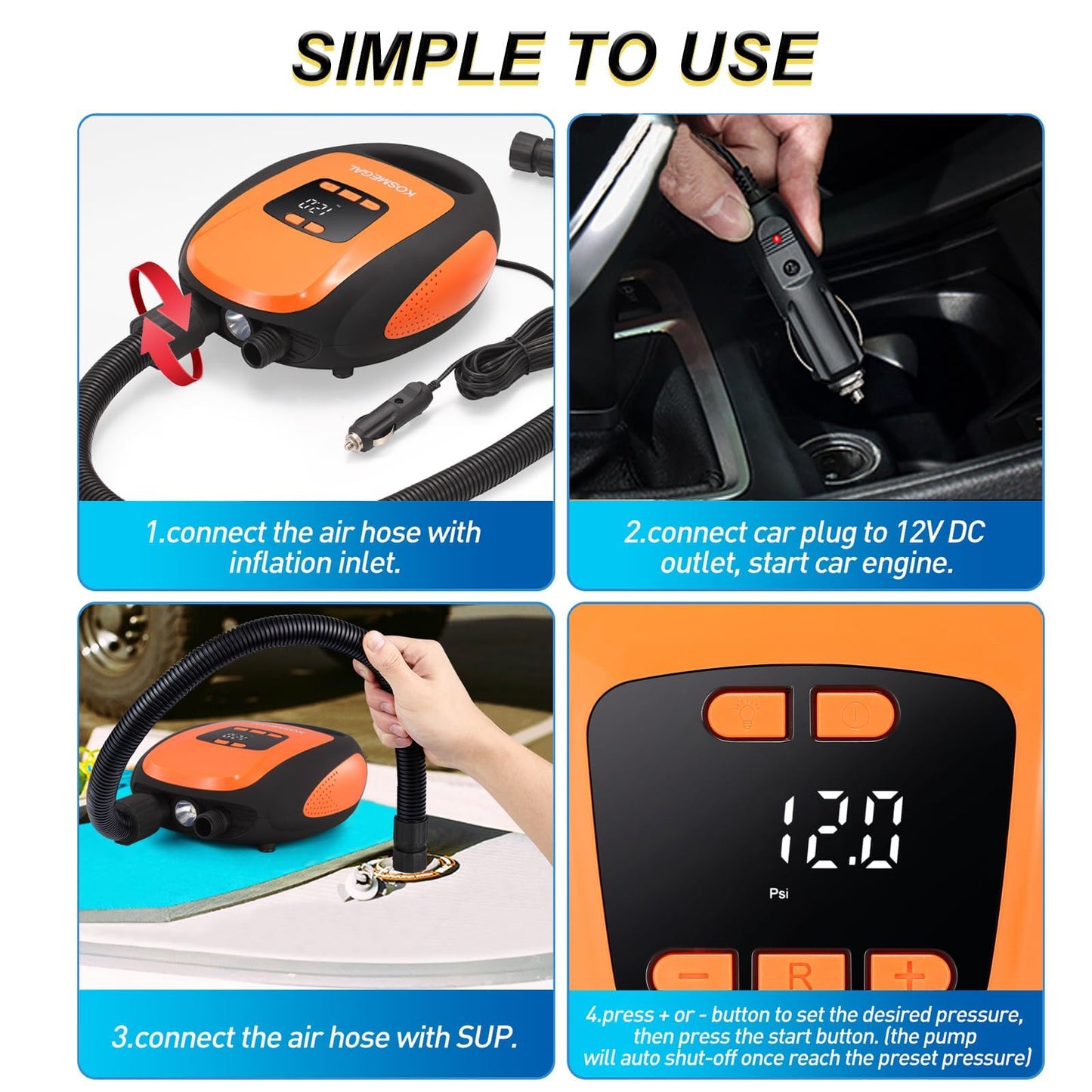 Electric Paddle Board Pump 20 PSI with Auto Shutoff