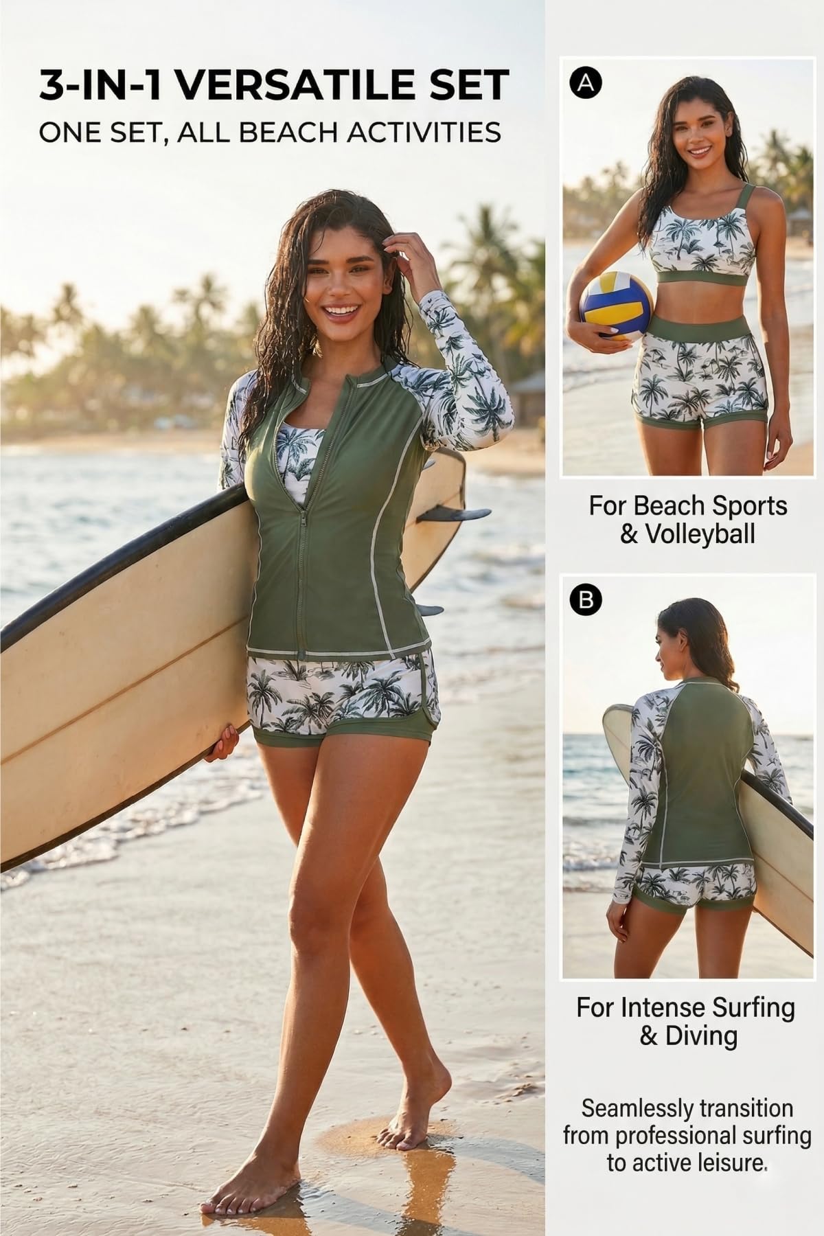 Women's 3-Piece Long Sleeve Rash Guard Swim Set