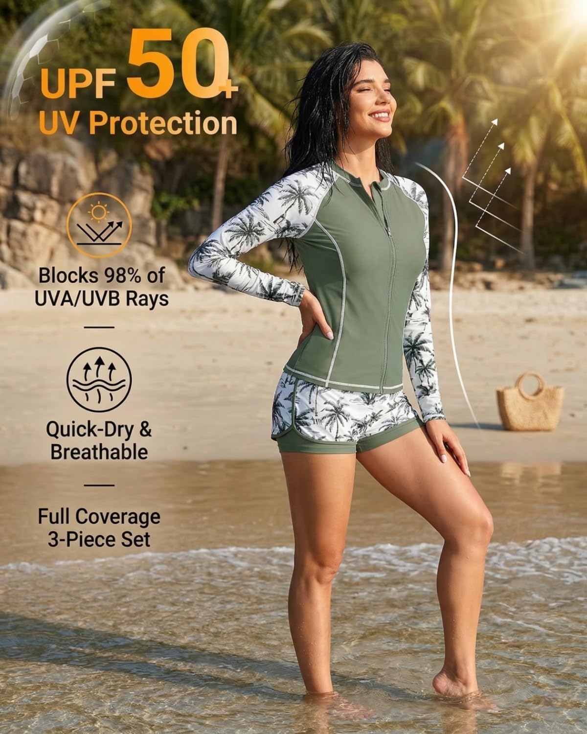 Women's 3-Piece Long Sleeve Rash Guard Swim Set