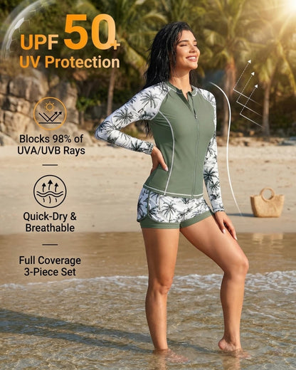 Women's 3-Piece Long Sleeve Rash Guard Swim Set