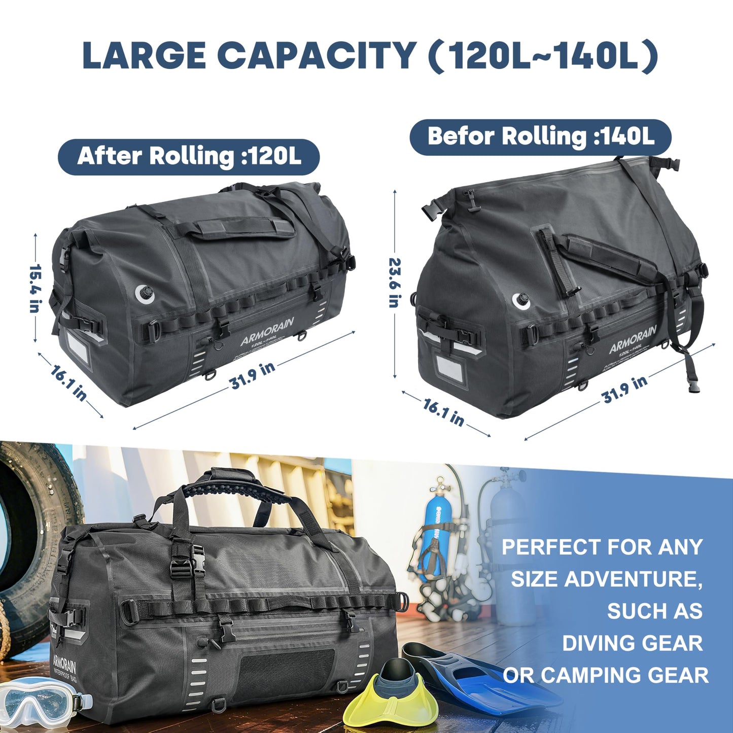 120L Waterproof Travel Dry Bag with Shoulder Straps